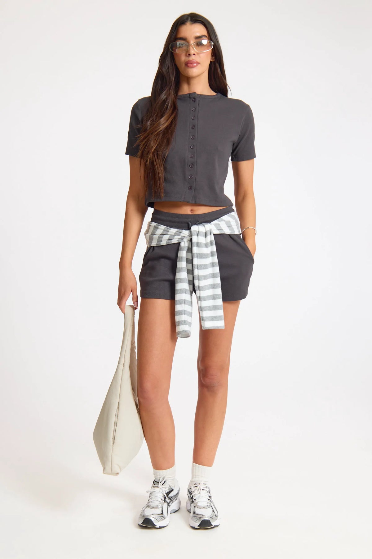 Slate Button Up Ribbed Short Sleeve Top