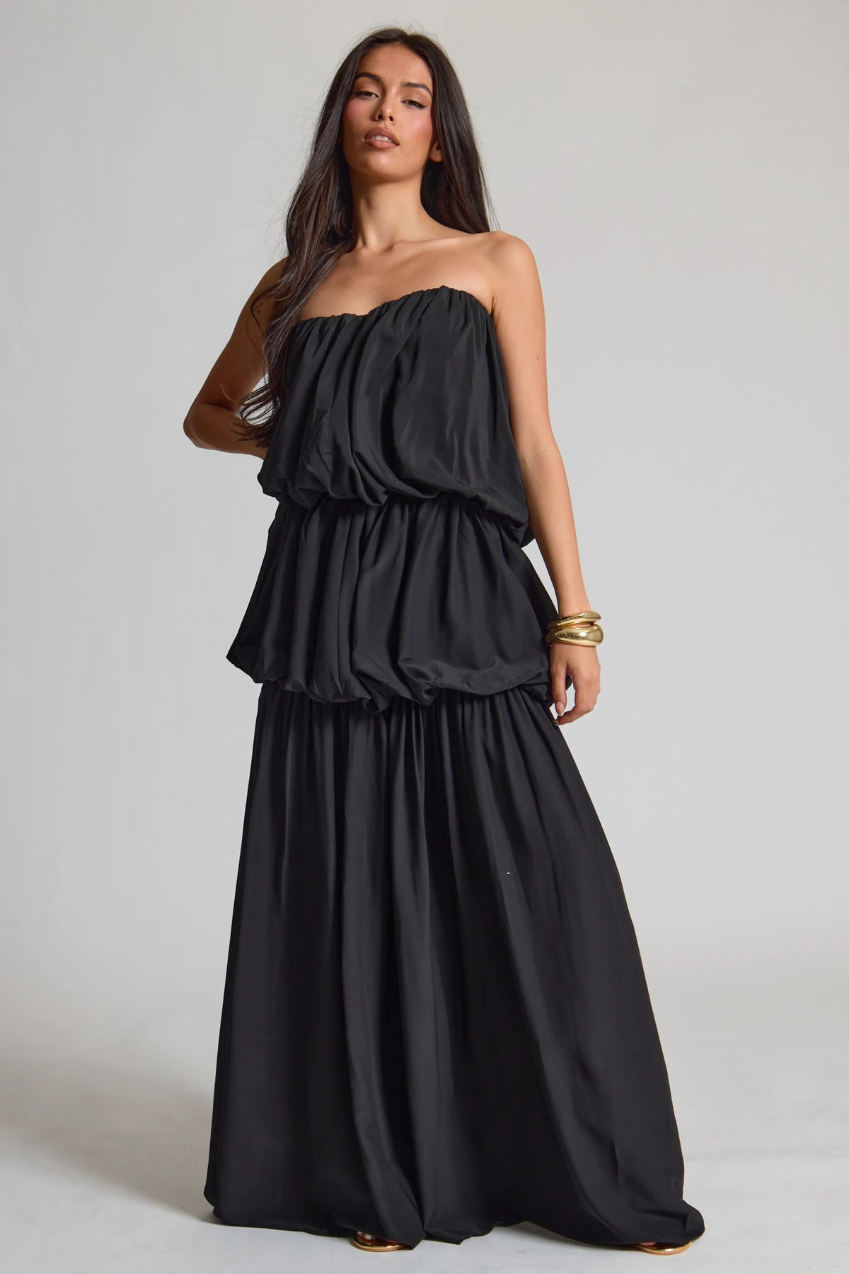 Black Chiffon Ruched Maxi Dress