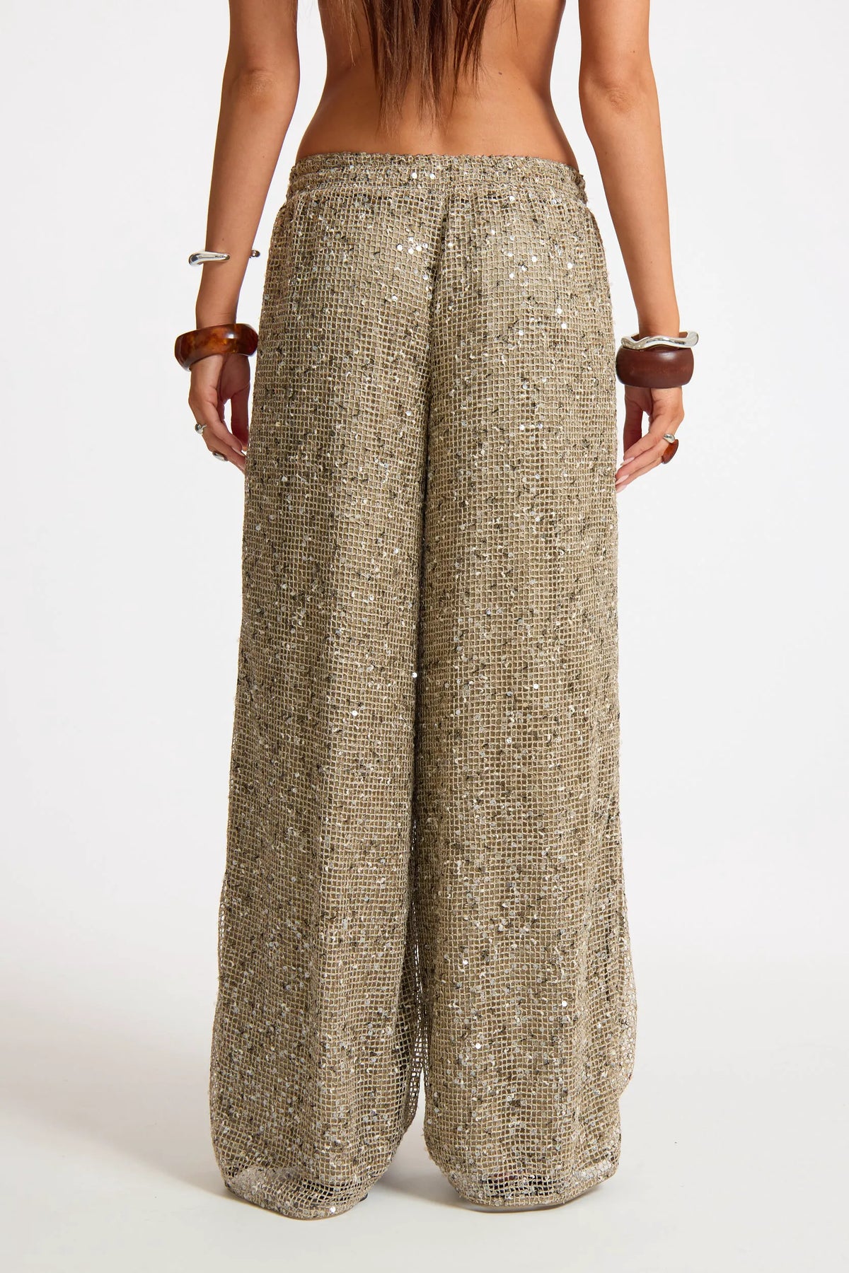 Crochet Sequin Drawstring Wide Leg Trouser