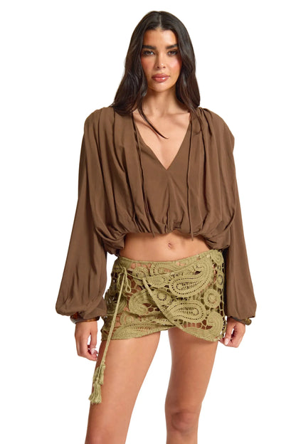 Woven Ruched Plunge Blouse Short Sleeve Shirt