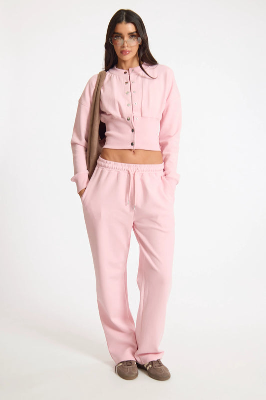 Pink Popper Button Ribbed Waist Sweatshirt