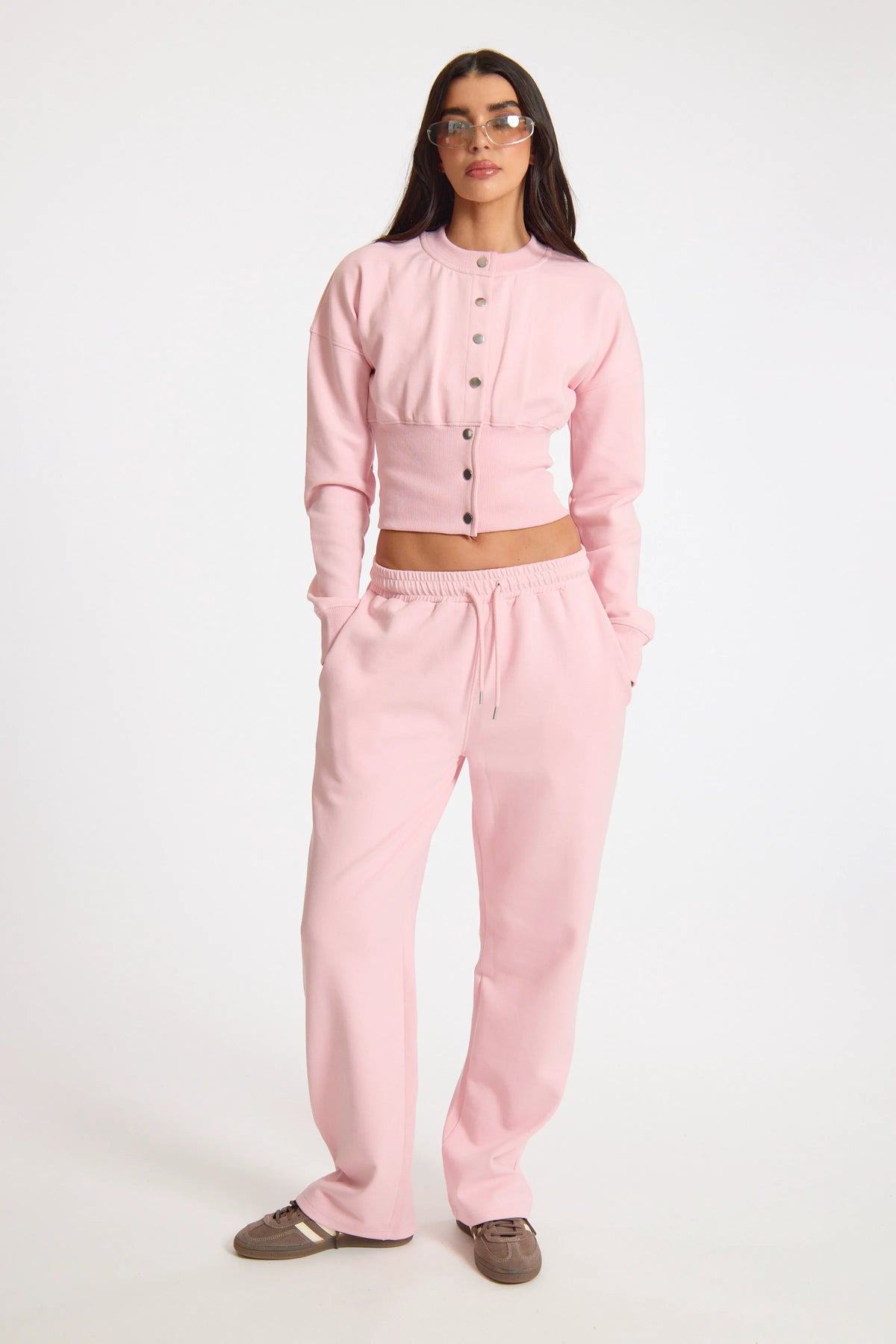 Pink Popper Button Ribbed Waist Sweatshirt