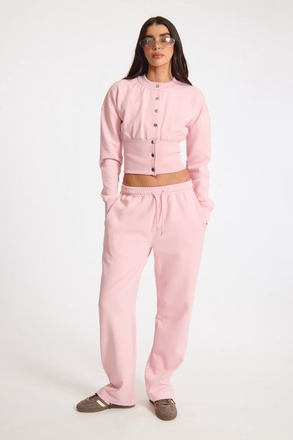 Pink Popper Button Ribbed Waist Sweatshirt