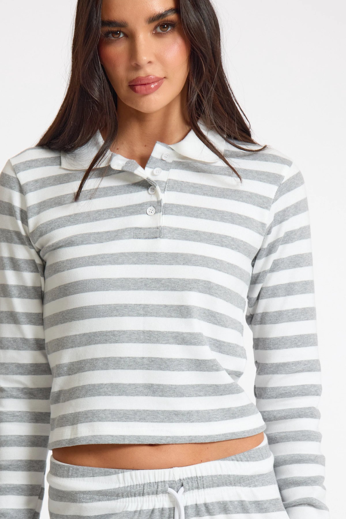 White Stripe Striped Rib Collared Longsleeve Top