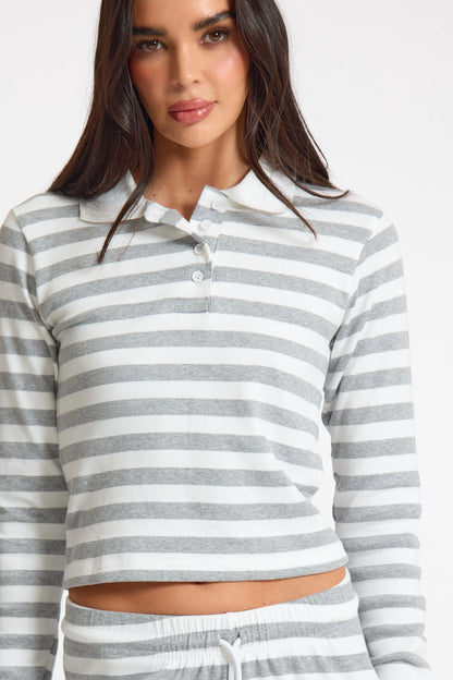 White Stripe Striped Rib Collared Longsleeve Top