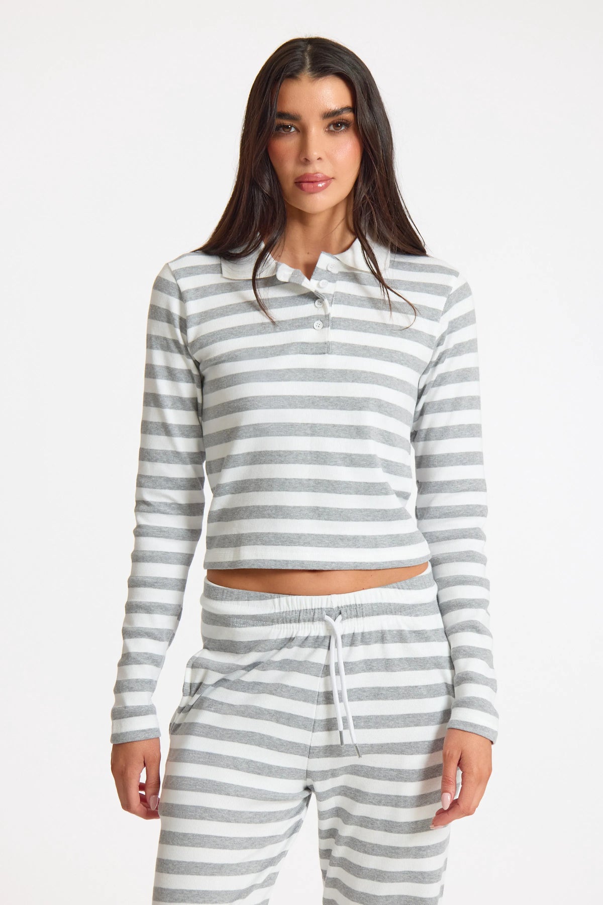 White Stripe Striped Rib Collared Longsleeve Top