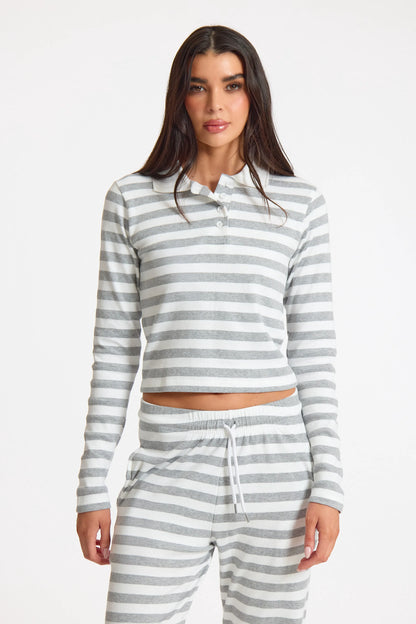 White Stripe Striped Rib Collared Longsleeve Top