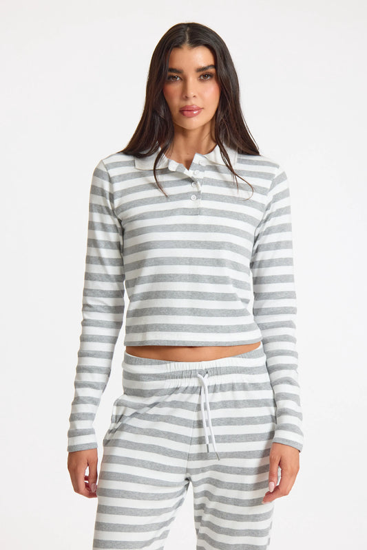 White Stripe Striped Rib Collared Longsleeve Top