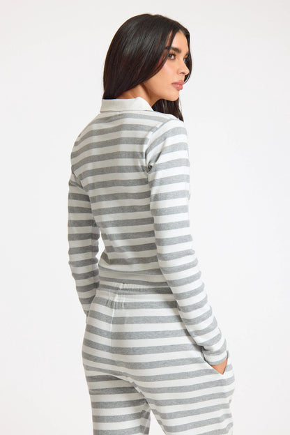 White Stripe Striped Rib Collared Longsleeve Top
