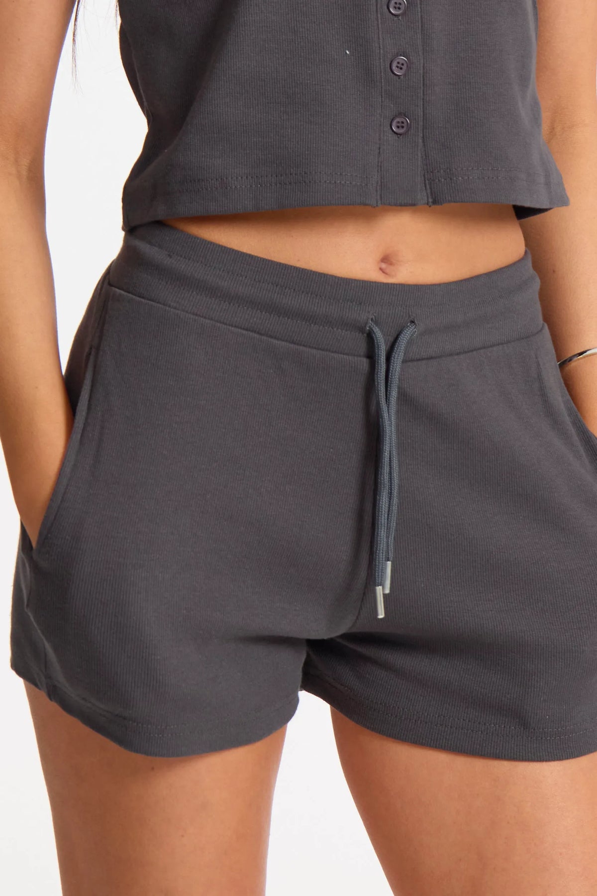 Slate Ribbed Adjustable Waist Casual Shorts