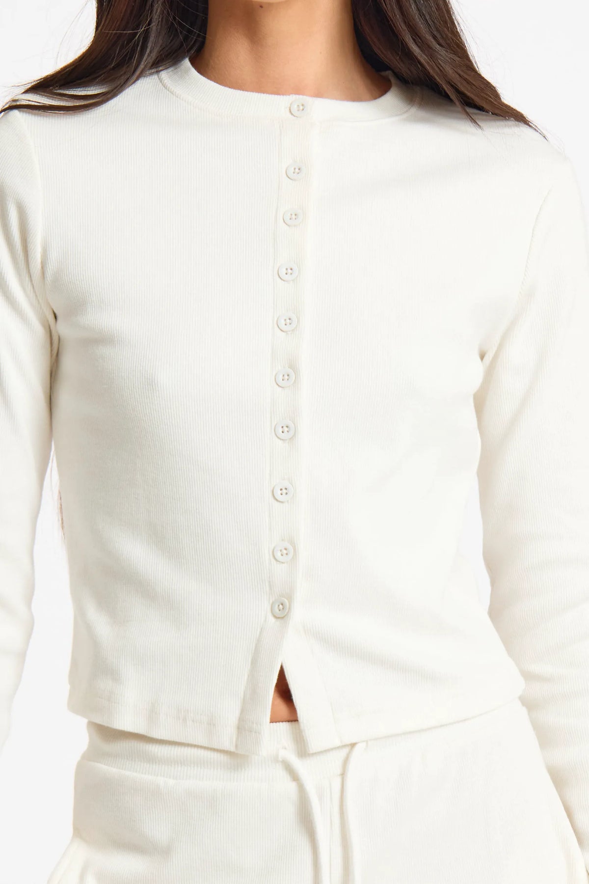 Cream Long Sleeve Ribbed Button Up Top
