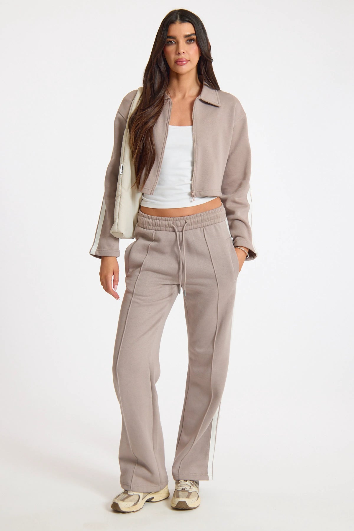 Dove Grey Sport Stripe Zip Up Collared Top