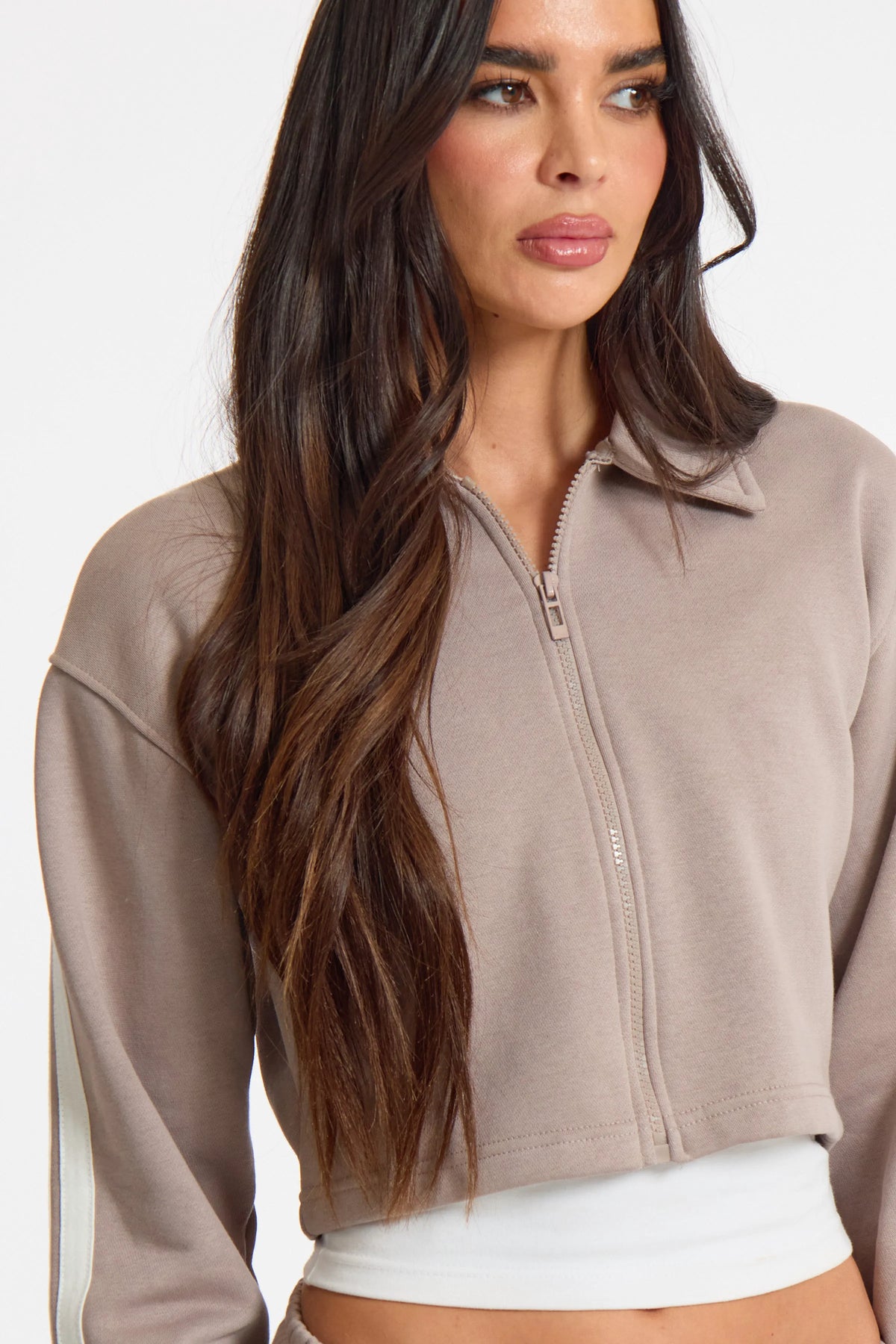 Dove Grey Sport Stripe Zip Up Collared Top