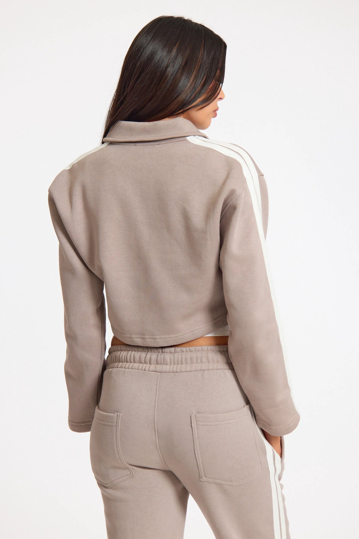 Dove Grey Sport Stripe Zip Up Collared Top