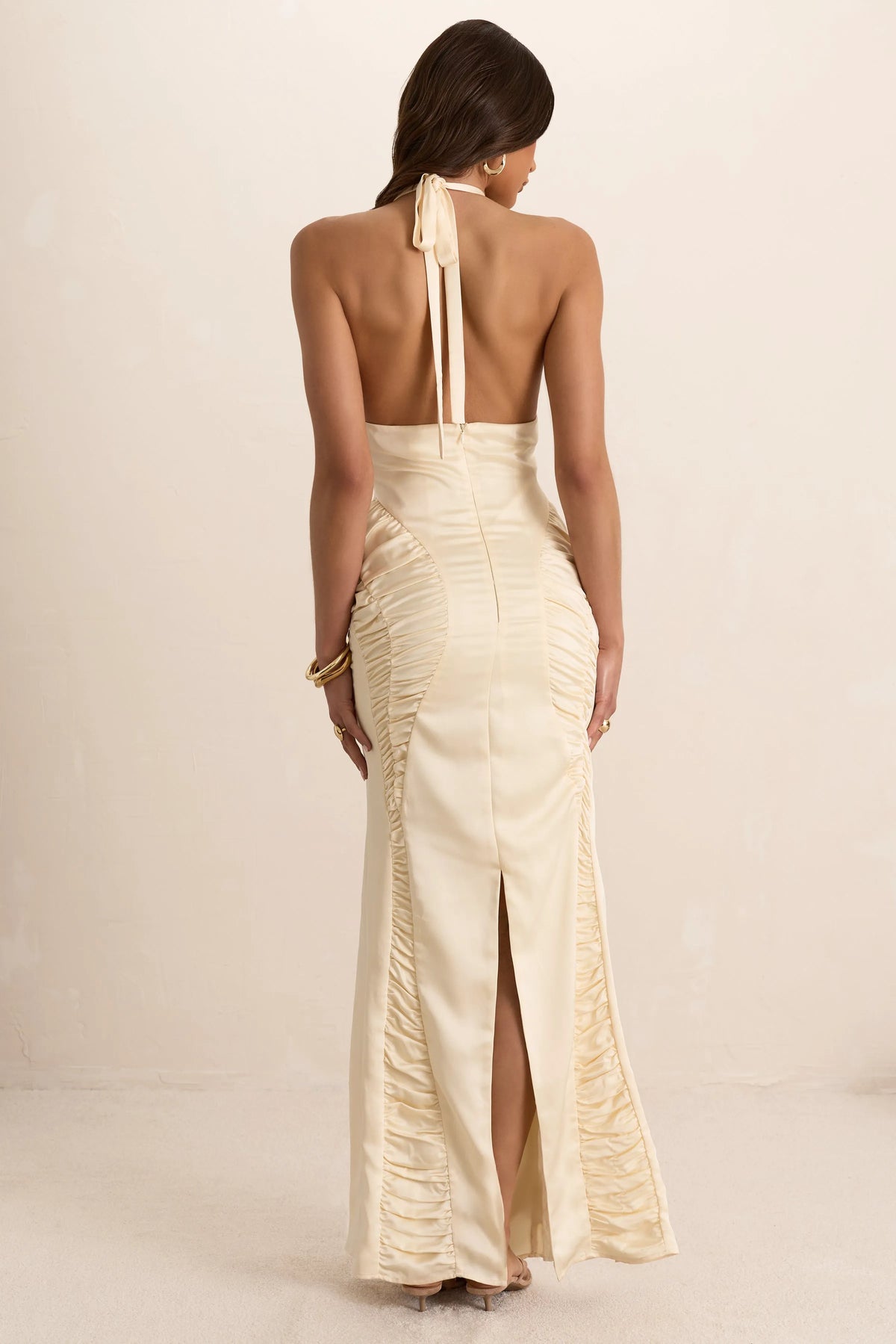Cream Satin Ruched Plunge Maxi Dress