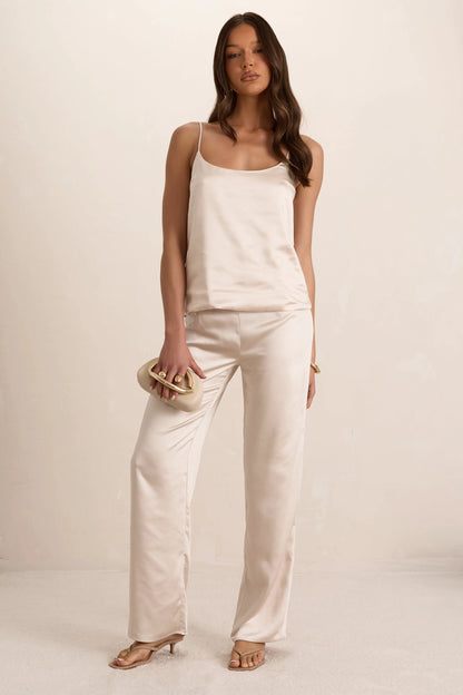 Cream Butter Satin Scoop Neck Loose Fit Cami Top
