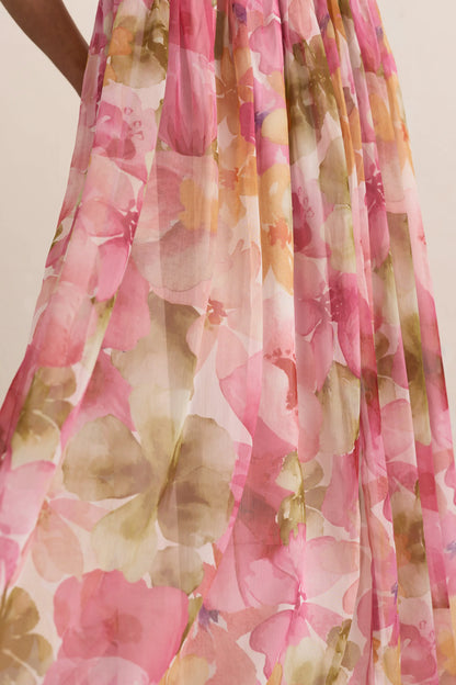 Pink Woven Floral Ruched Backless Maxi Dress