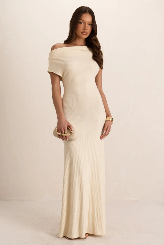 Cream Soft Ribbed Slouchy Maxi Dress