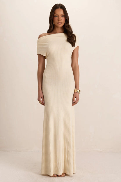 Cream Soft Ribbed Slouchy Maxi Dress