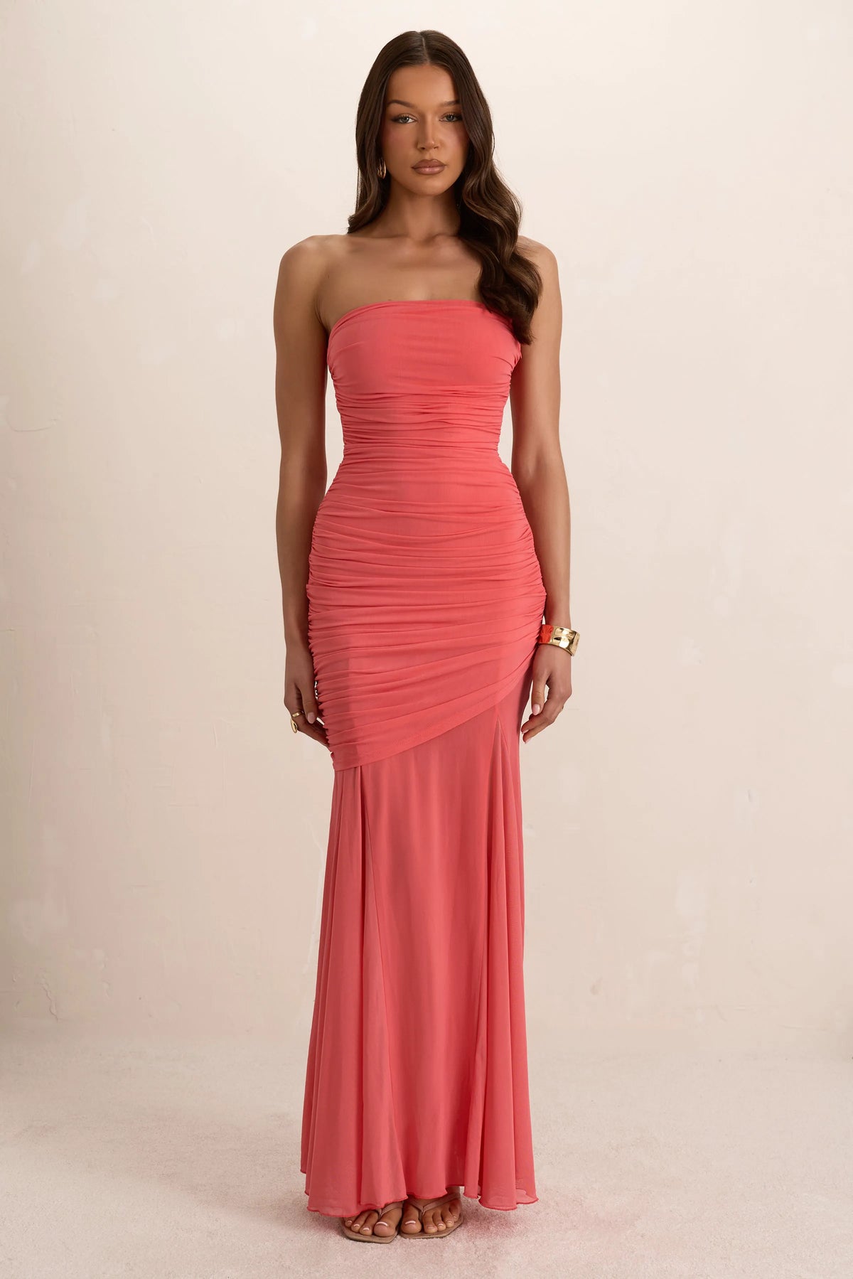 Coral Double Layer Ruched Drape Maxi Dress