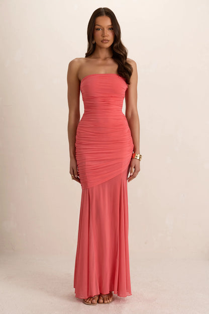 Coral Double Layer Ruched Drape Maxi Dress