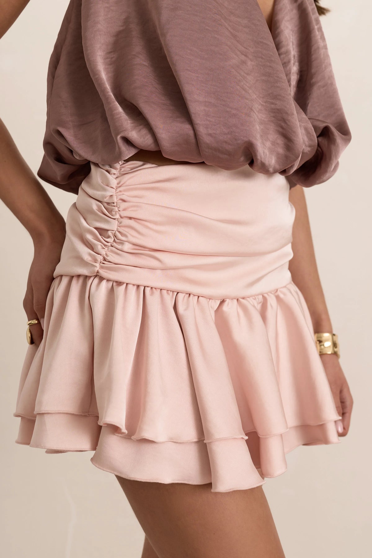 Pink Satin Ruffle Mini Skirt