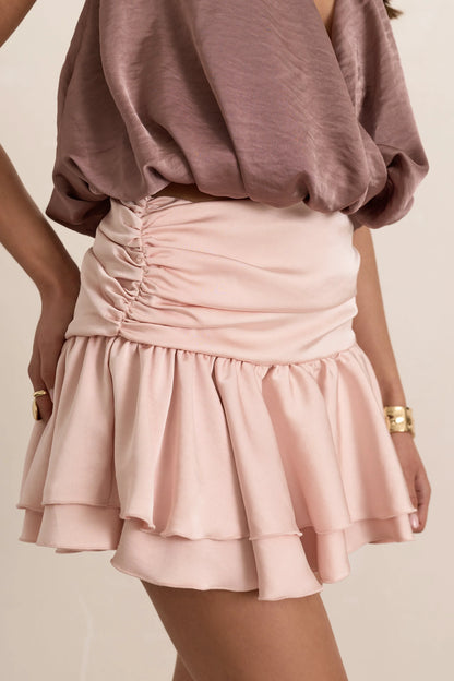 Pink Satin Ruffle Mini Skirt