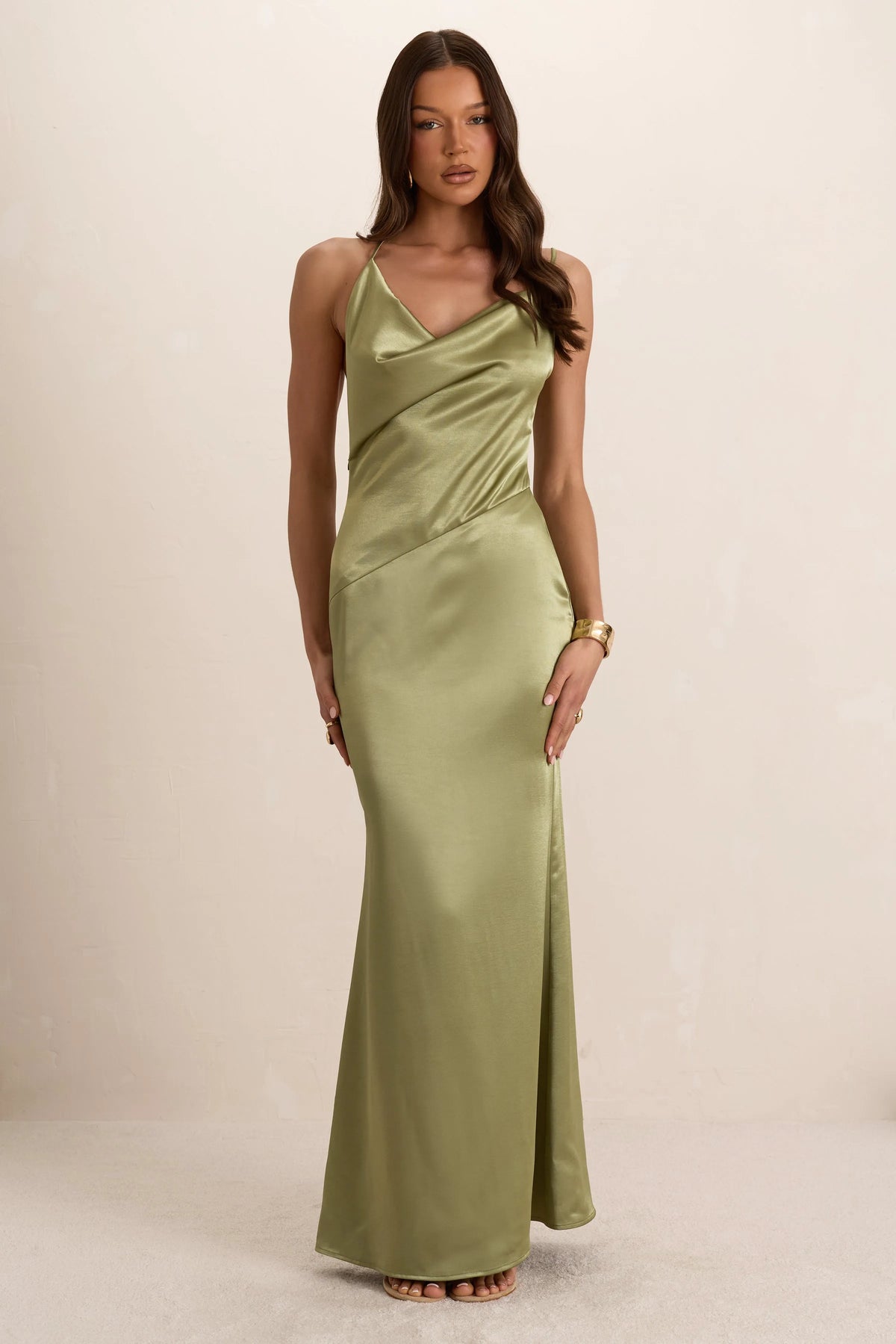 Green Satin Asymmetrical Cowl Seam Maxi Dress