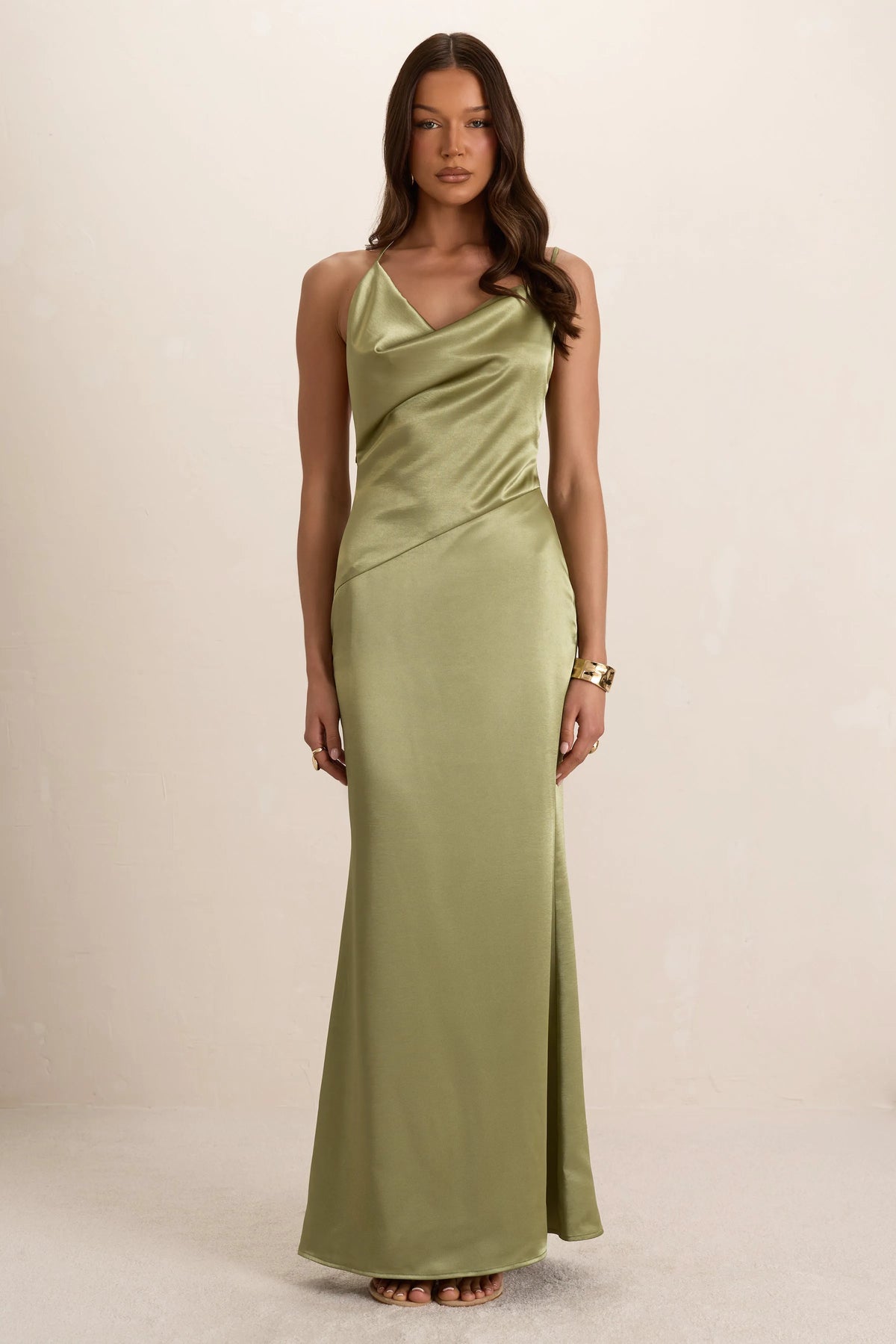 Green Satin Asymmetrical Cowl Seam Maxi Dress