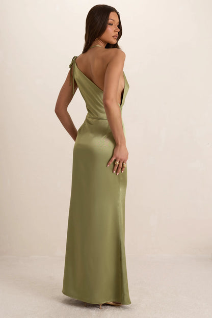 Green Satin Asymmetrical Cowl Seam Maxi Dress