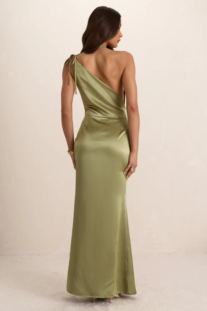 Green Satin Asymmetrical Cowl Seam Maxi Dress