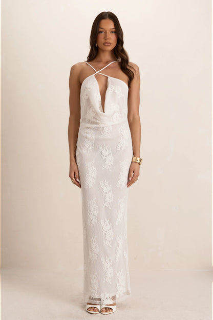 White Lace Cowl Maxi Dress