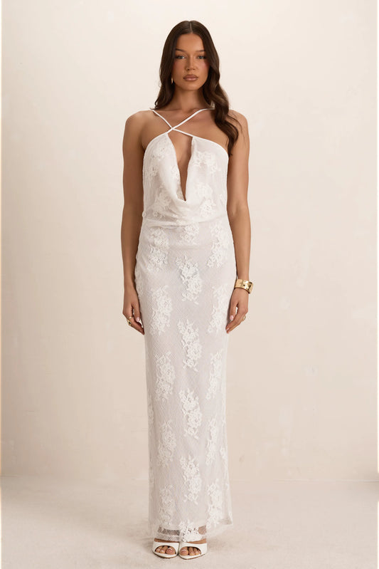 White Lace Cowl Maxi Dress