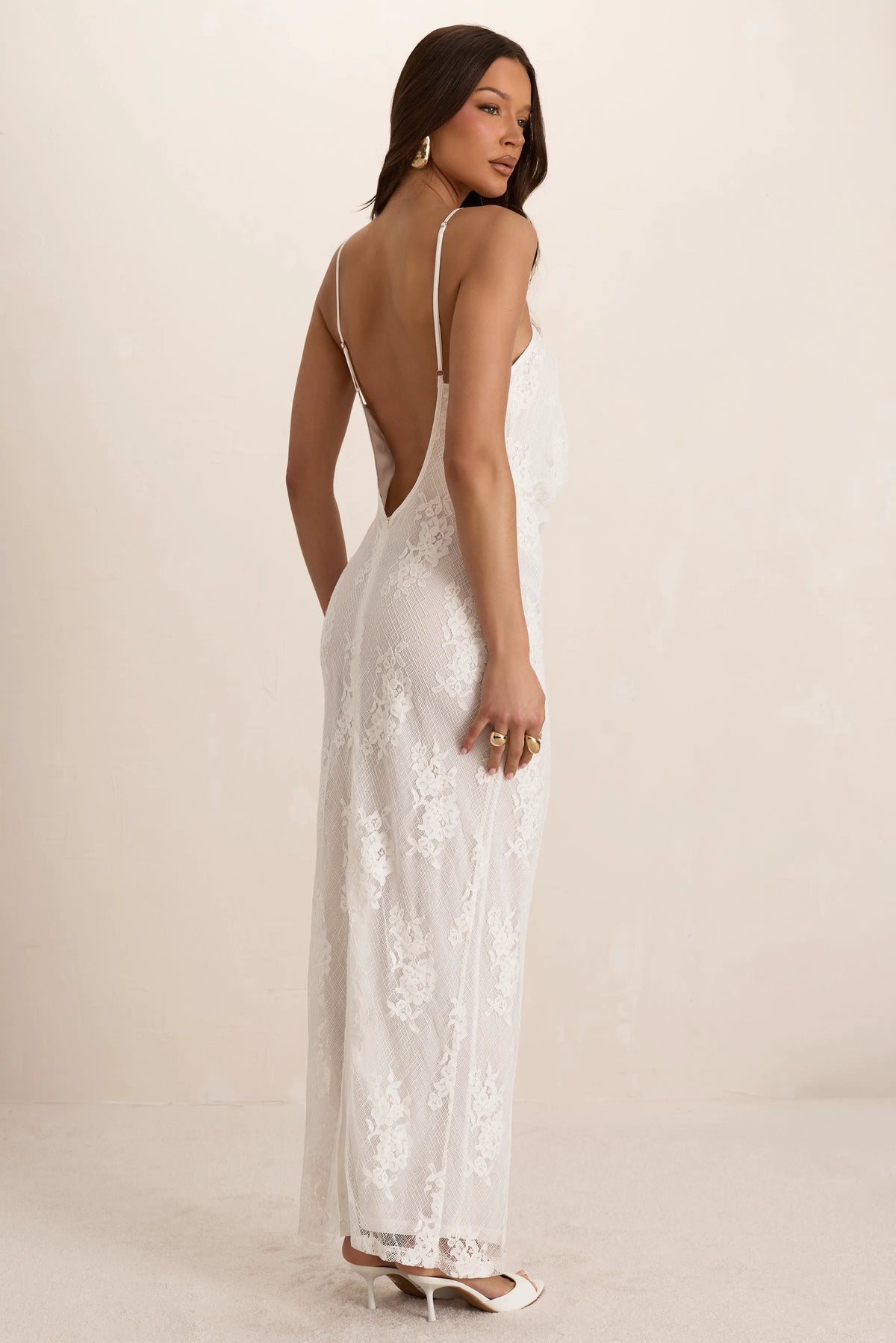 White Lace Cowl Maxi Dress