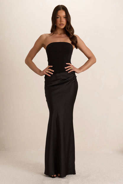 Black Woven Corset Top Pleated Satin Maxi Dress