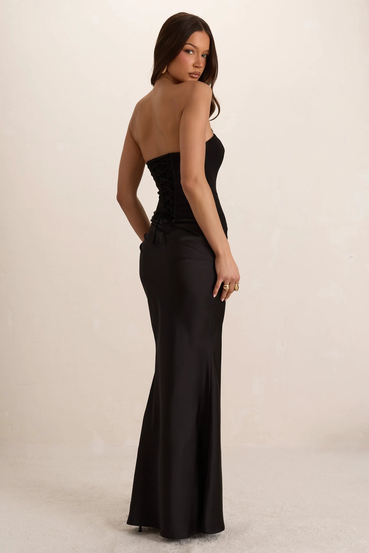 Black Woven Corset Top Pleated Satin Maxi Dress