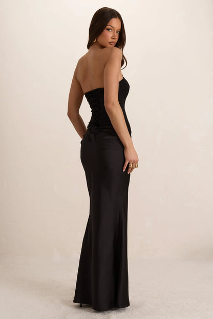 Black Woven Corset Top Pleated Satin Maxi Dress