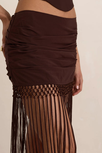 Chocolate Chiffon Ruched Tassel Maxi Skirt