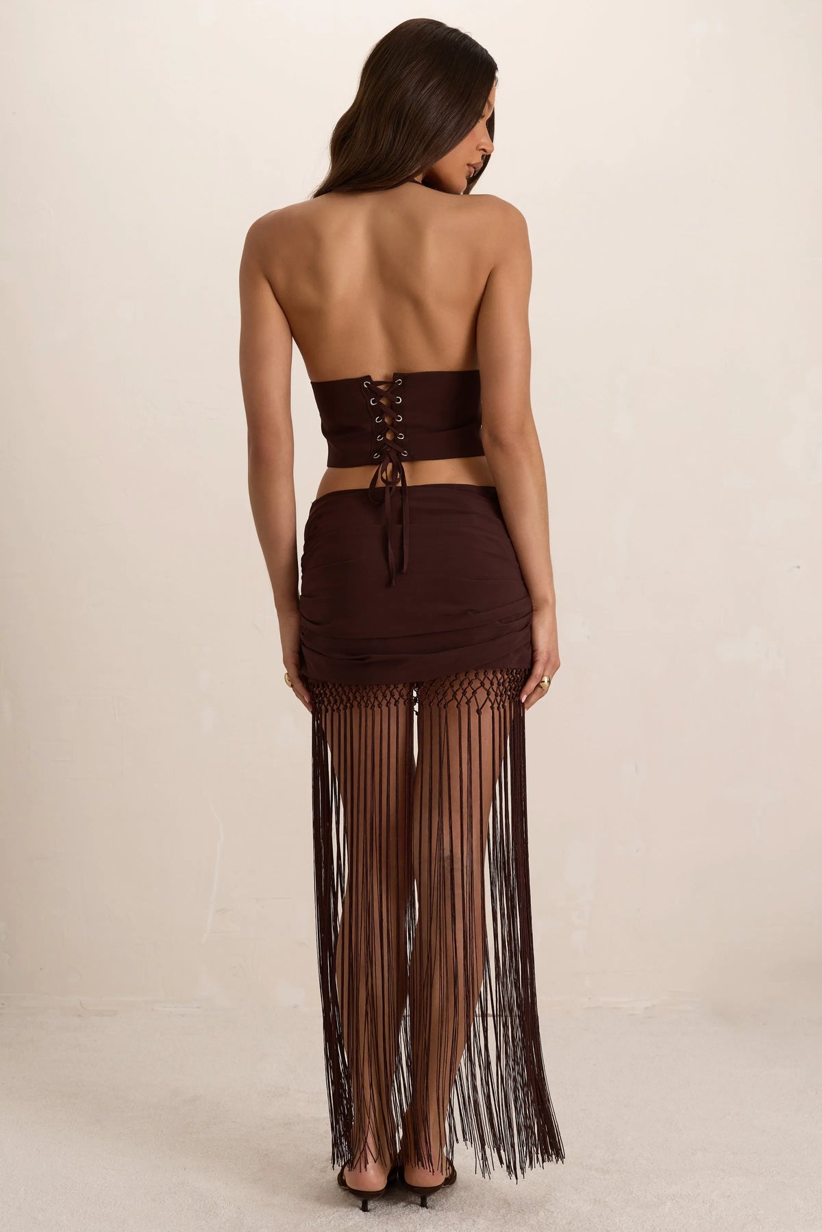 Chocolate Chiffon Ruched Tassel Maxi Skirt