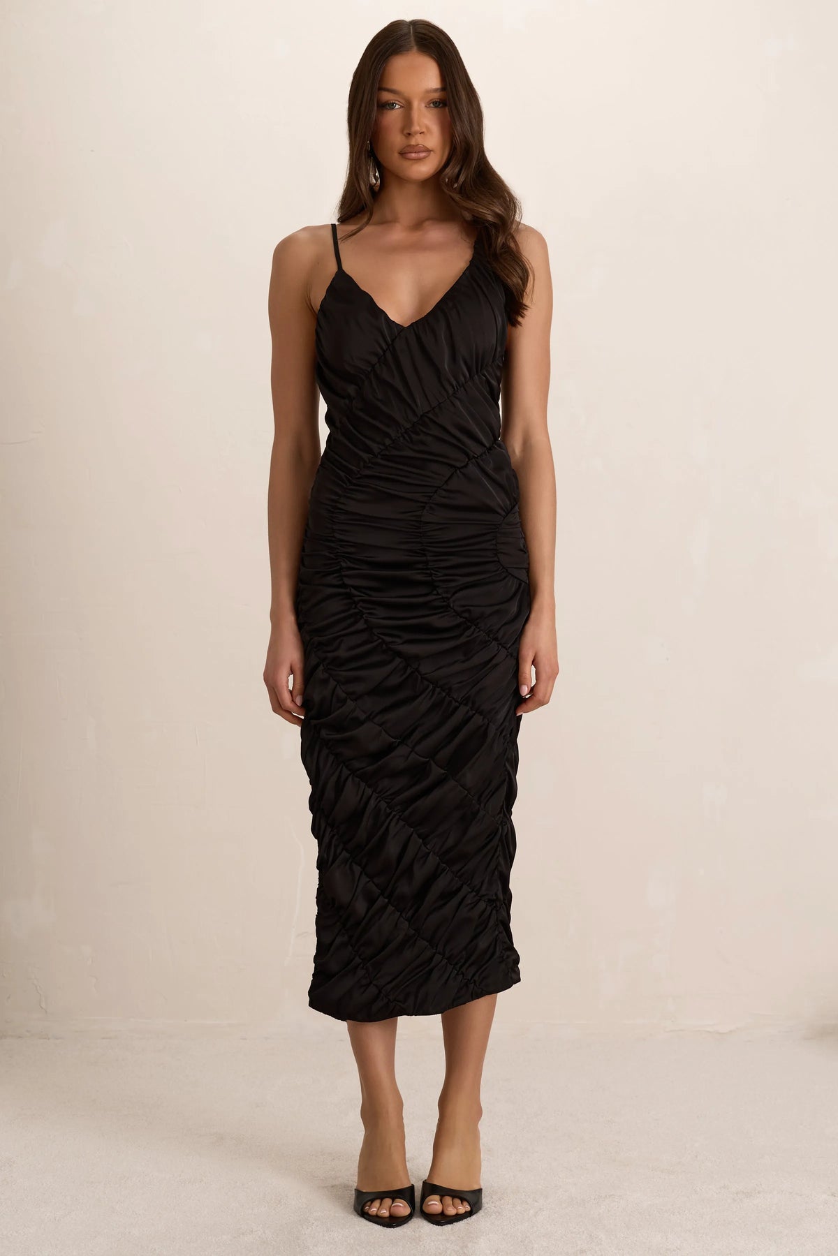 Black Satin Shirred Plunge Midi Dress