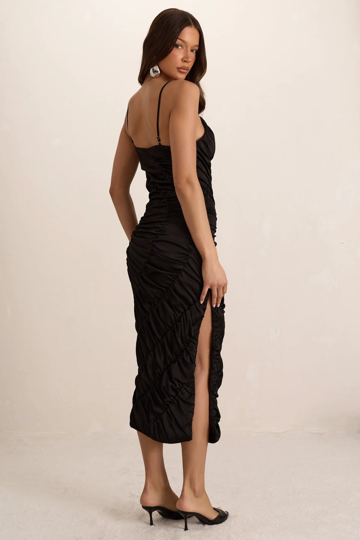 Black Satin Shirred Plunge Midi Dress