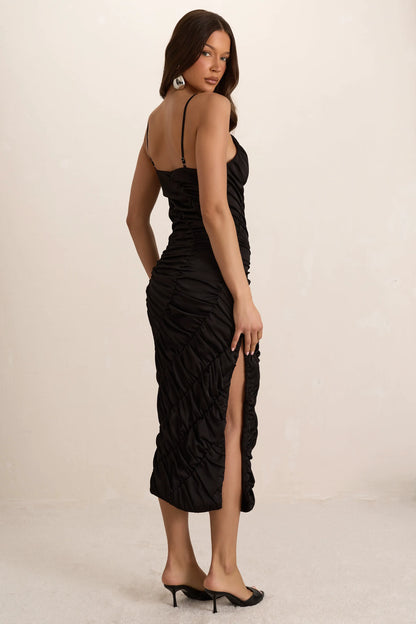 Black Satin Shirred Plunge Midi Dress
