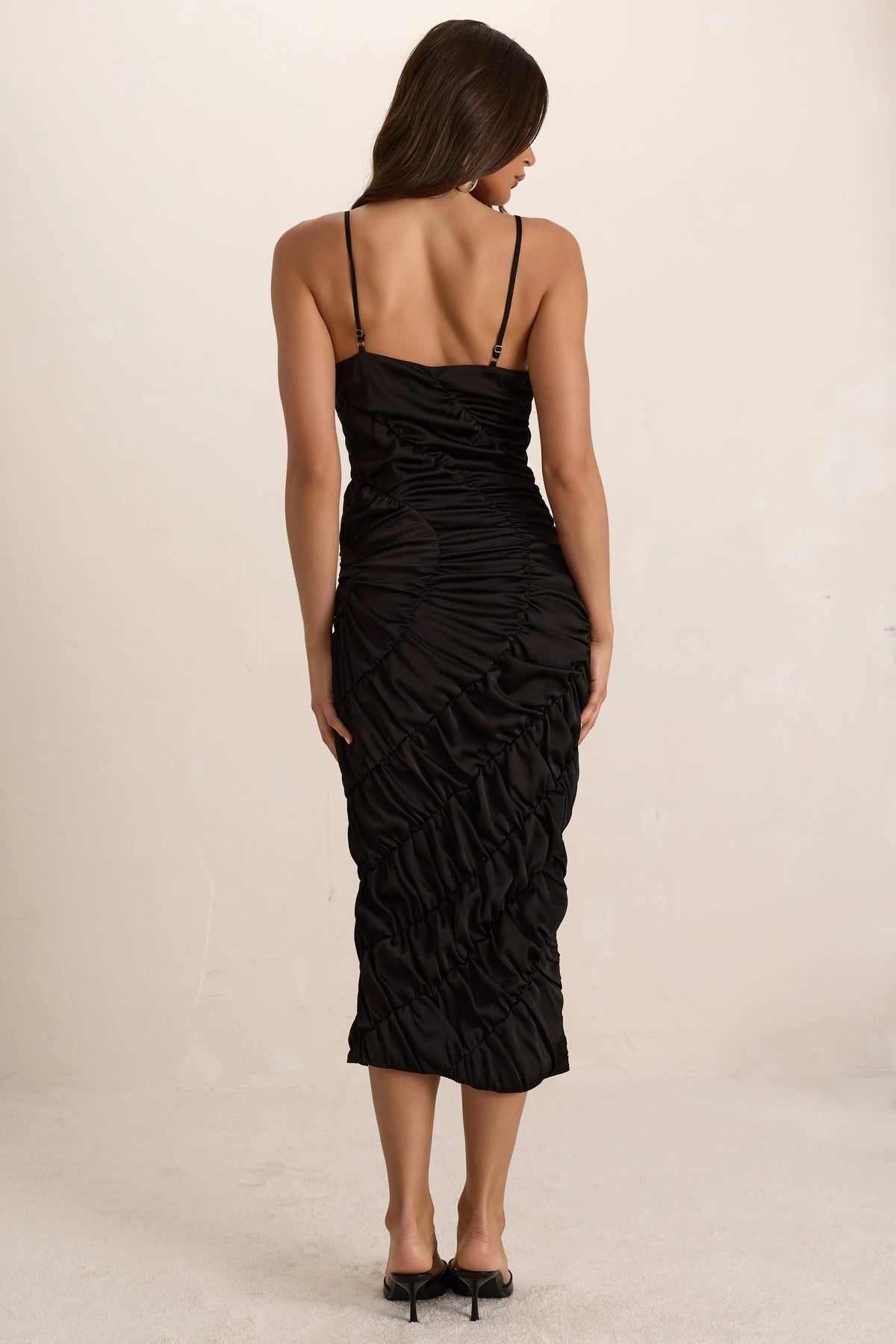 Black Satin Shirred Plunge Midi Dress