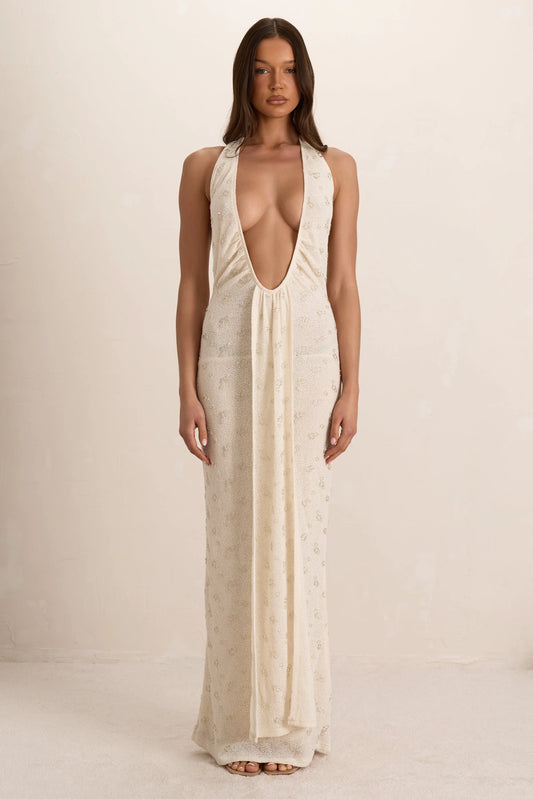 Cream Embellished Knit Plunge Drape Maxi Dress