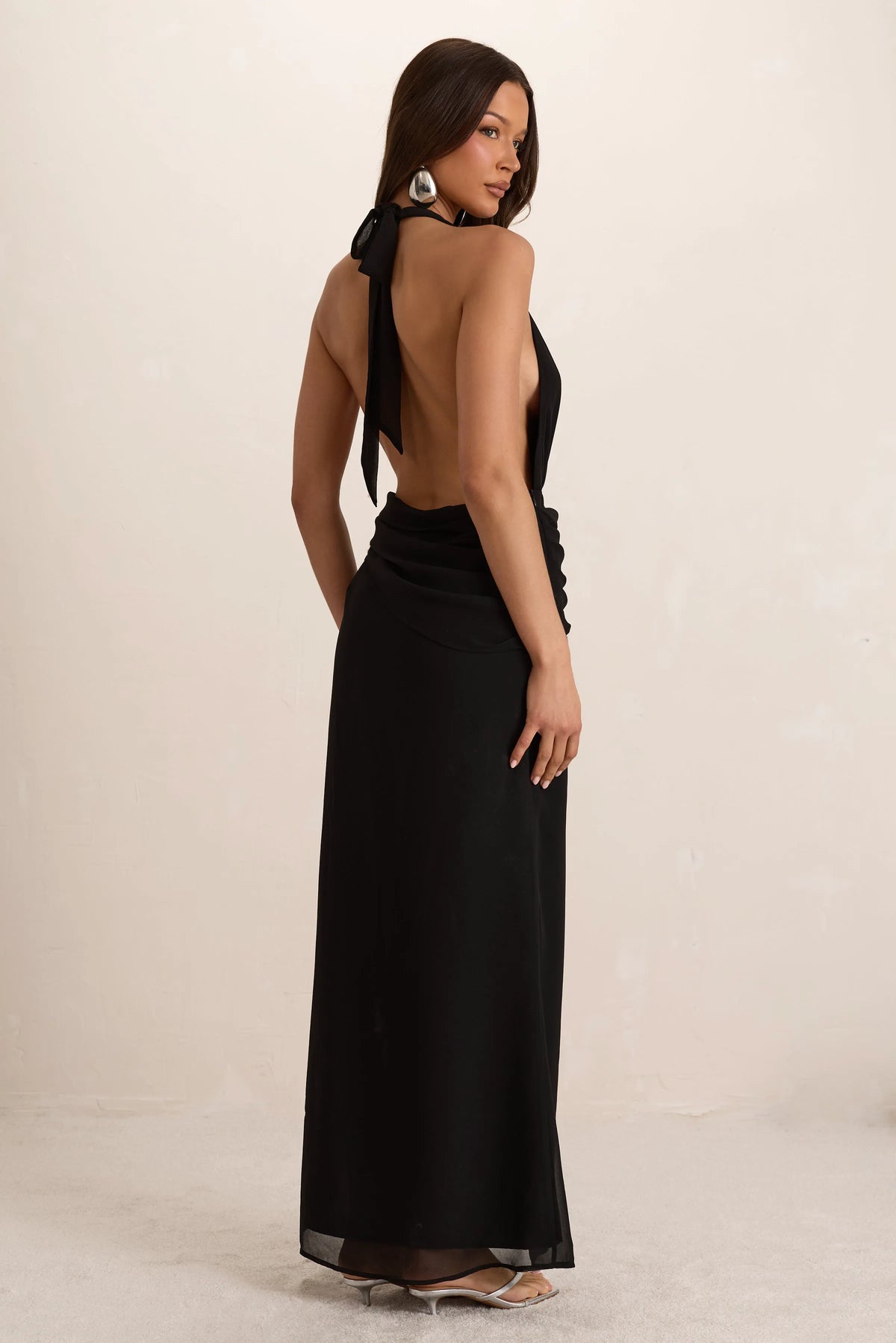 Black Plunge Silver Trim Maxi Dress