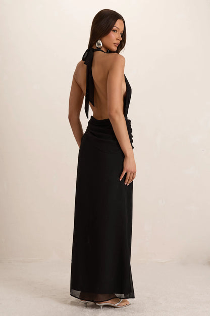 Black Plunge Silver Trim Maxi Dress