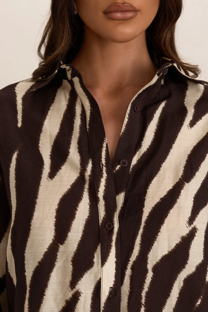 Brown Woven Zebra Oversized Shirt Cuffed