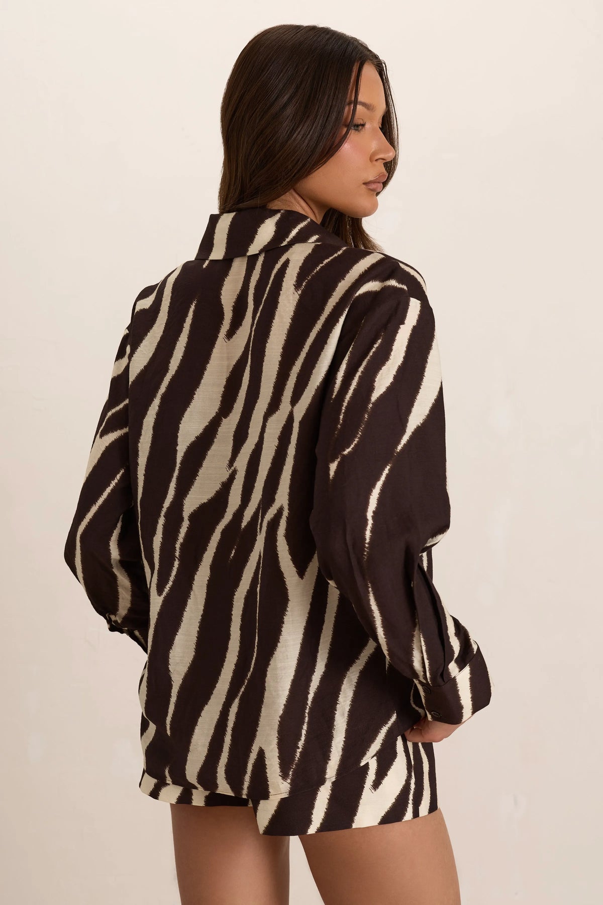 Brown Woven Zebra Oversized Shirt Cuffed