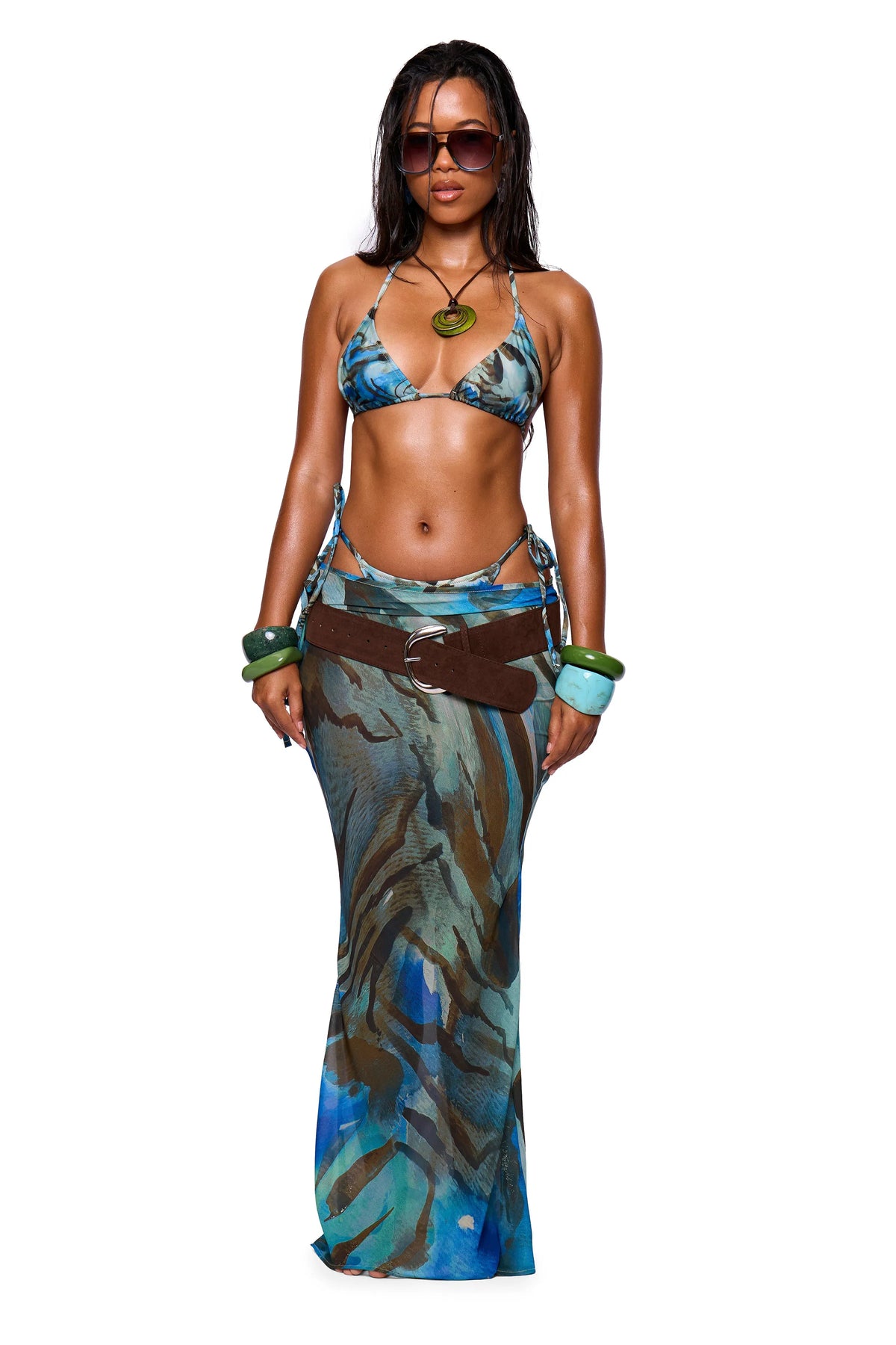 Green Printed Maxi Skirt