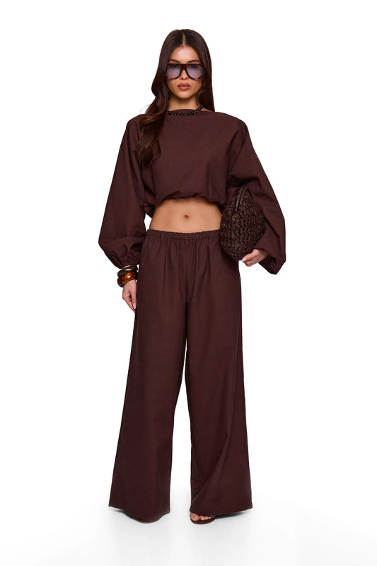Brown Linen Blend Wide Trouser